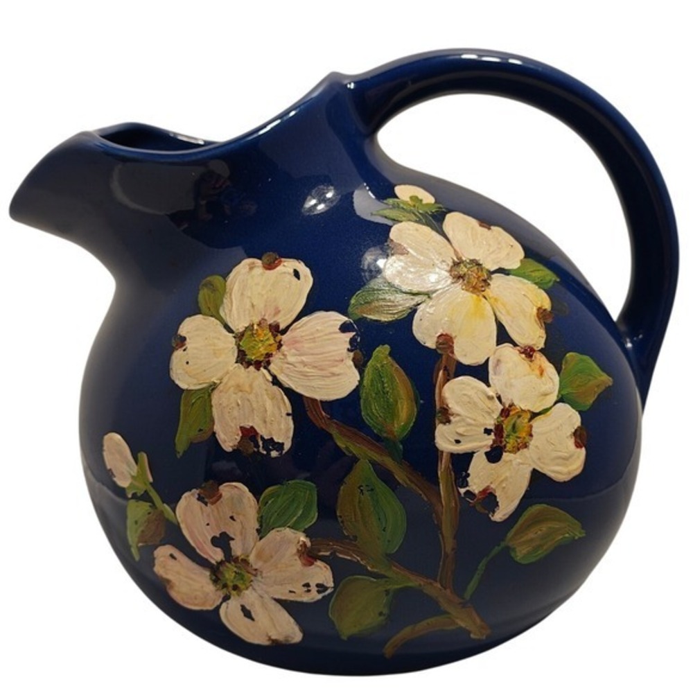 Vintage McCoy Pottery Cobalt Blue Dogwood Pitcher Hand Painted 1970s Farmhouse